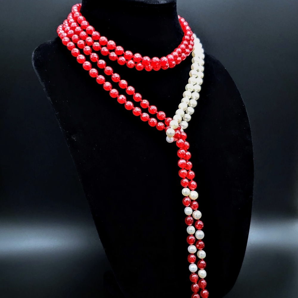 Akoya Pearl and Red Ruby Agate Necklace